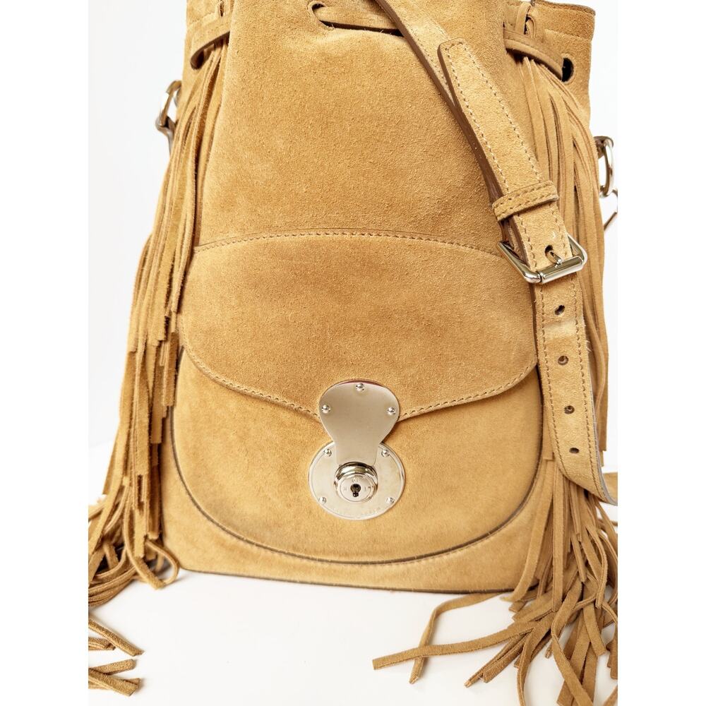 Ralph Lauren Ricky Fringe Bucket Bag Suede Camel Leather Drawstring Crossbody - Picture 3 of 16